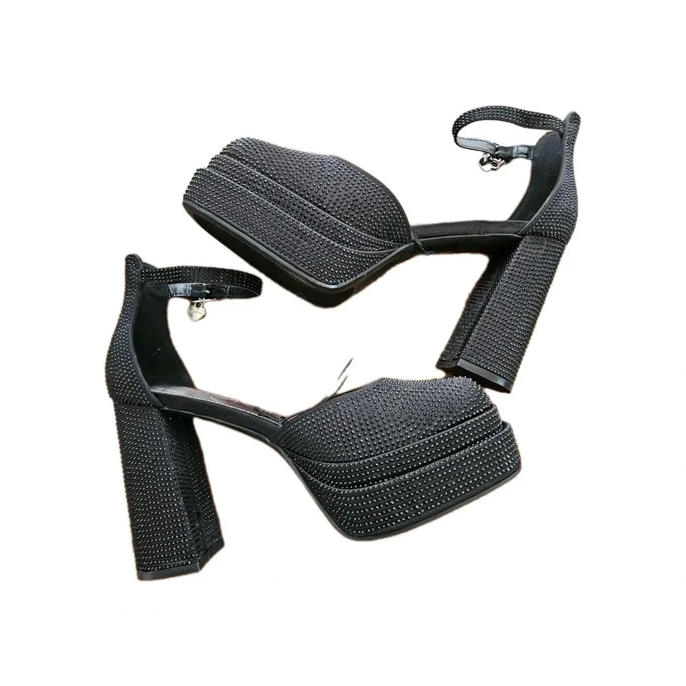 Sugar Platform Pumps Women 9 Black Willfully 2 Rhinestone Block Heel Ankle Strap